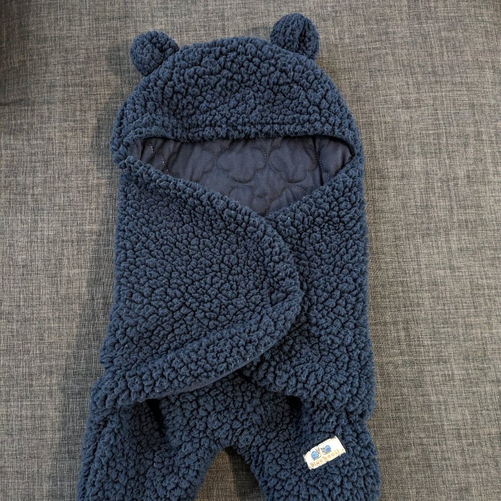 Newborn Baby Warm Winter Bear Swaddle Snuggler - Navy Sherpa